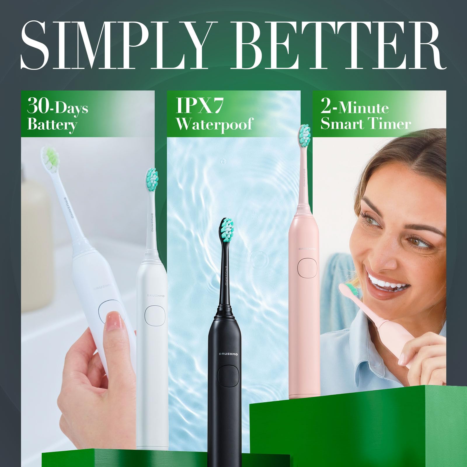 BRUSHMO BM01 Brosse à dents électrique sonique rechargeable, 5 modes, 4
