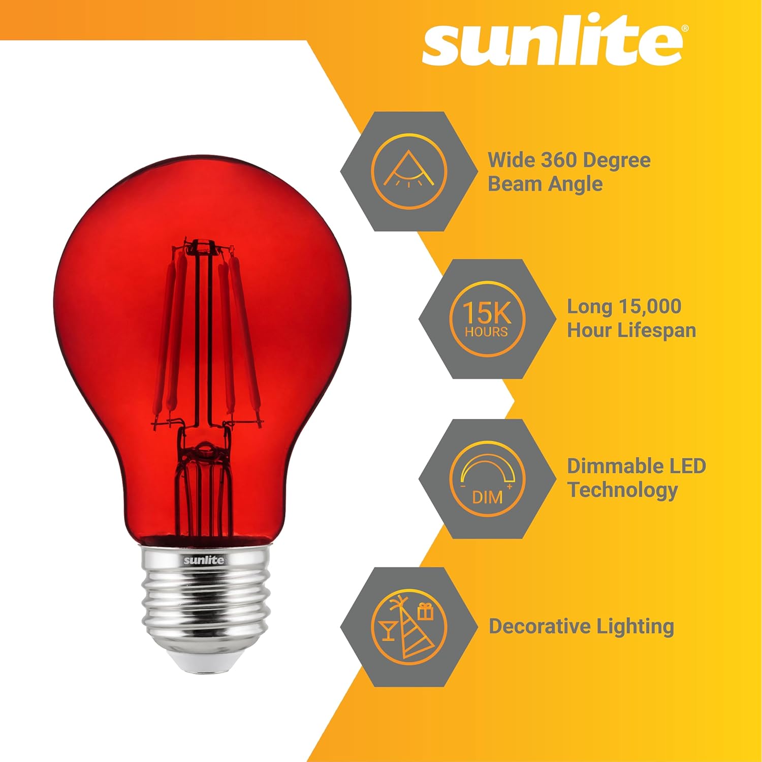 Sunlite 40943 LED Colored Filament A19 Light Bulb, 4.5 Watts, Medium E26 Base, 120 Volts, Transparent Red, Dimmable, 320 Degree Beam Angle, UL Listed, 6 Count