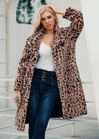 Long Leopard Suit Collar Faux Fur Coat, Leopard Print, XL | Women's, Casual, Autumn and Winter