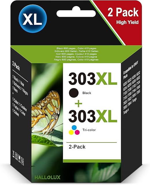 HALLOLUX 303XL High Yield Remanufactured Ink Cartridges for HP 303XL 303 XL Multipack for HP Envy Photo 6230 7130 7830 (1 Black, 1 Color)