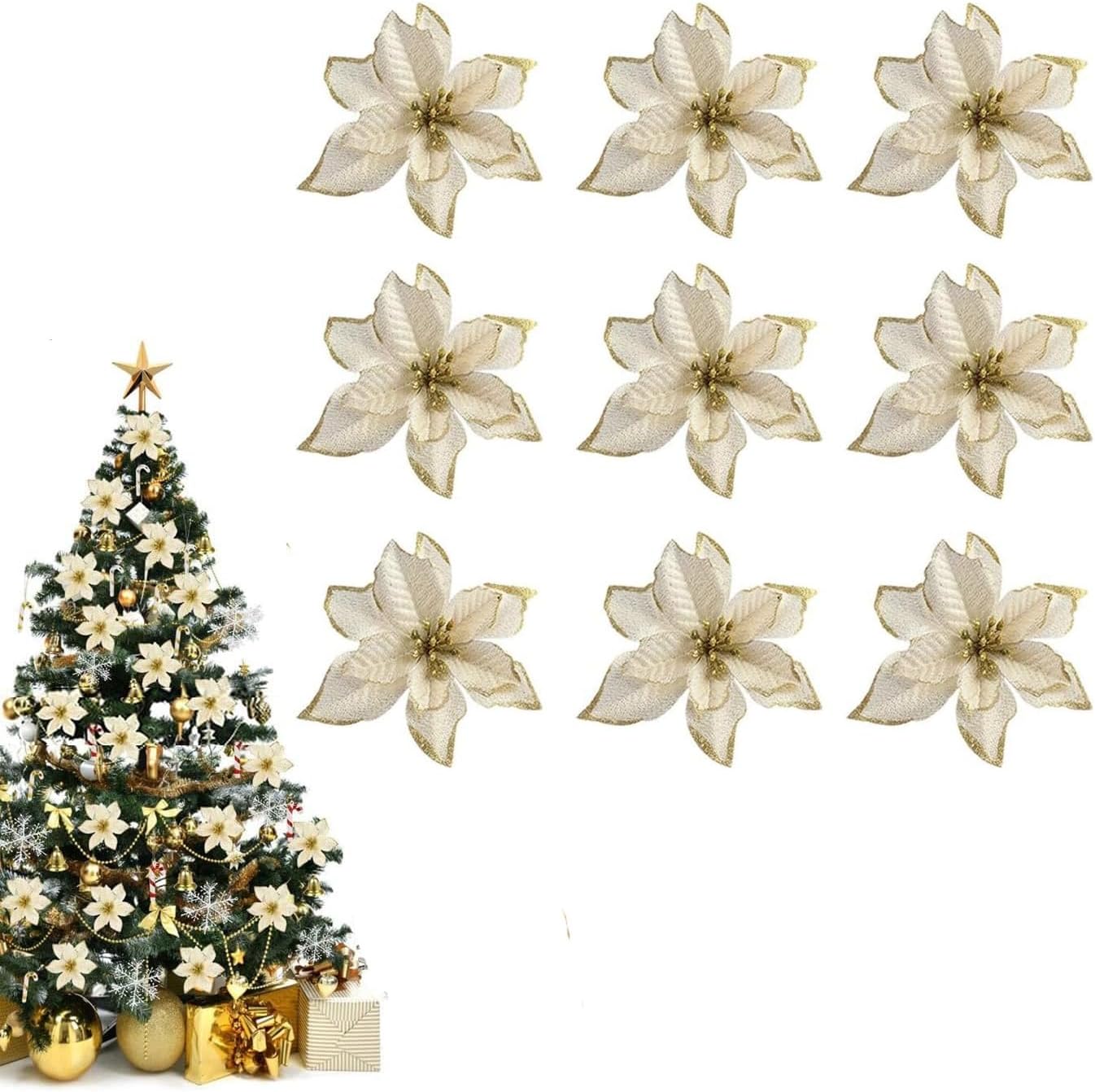 Excefore Glitter Poinsettia Flowers Artificial, 10 Pcs Gold Poinsettia Decorations Tree Flowers Ornaments for Holiday/Seasonal/Wedding Party Wreath DIY Decors