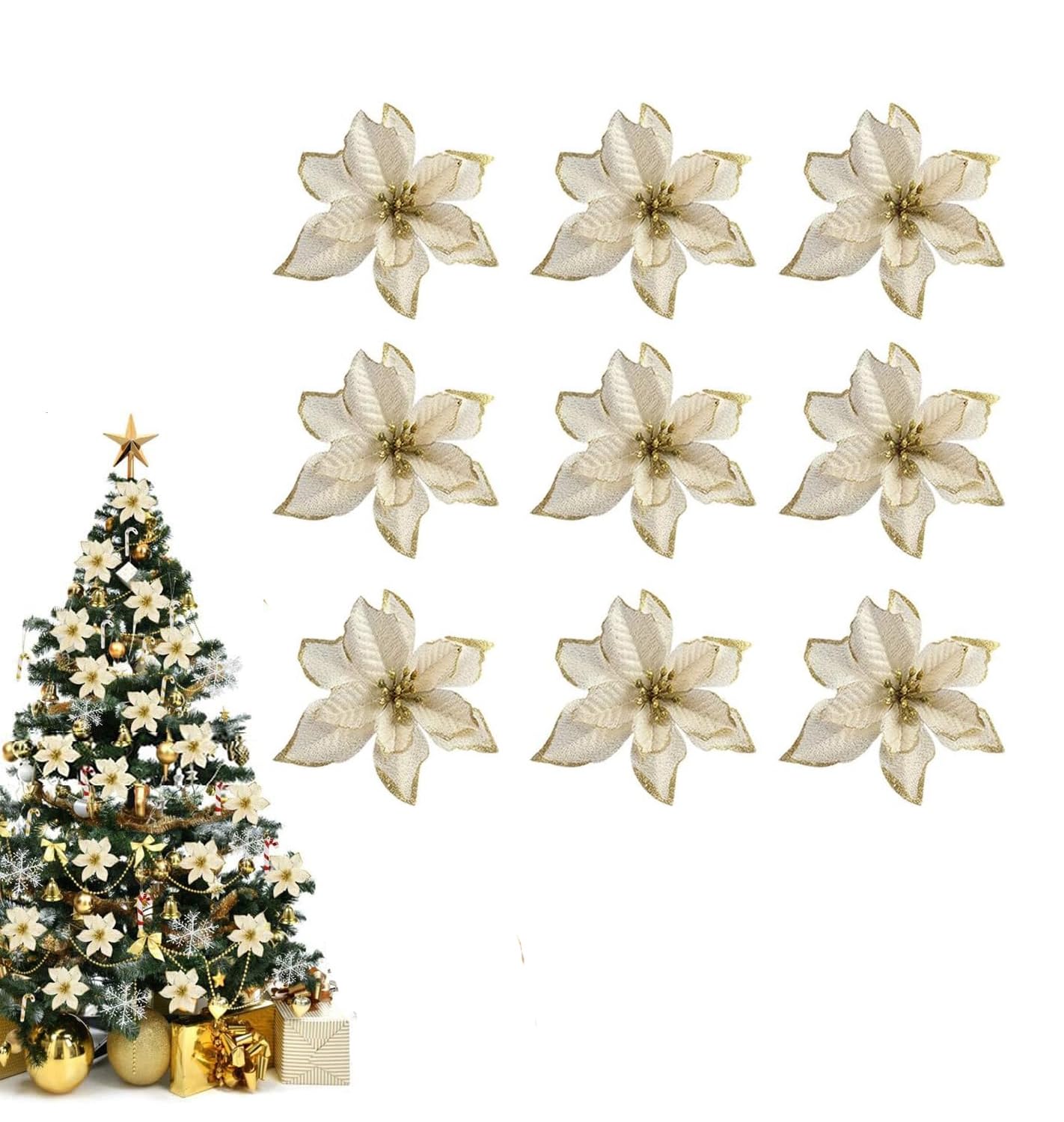 Excefore Glitter Poinsettia Flowers Artificial, 10 Pcs Gold Poinsettia Decorations Tree Flowers Ornaments for Holiday/Seasonal/Wedding Party Wreath DIY Decors