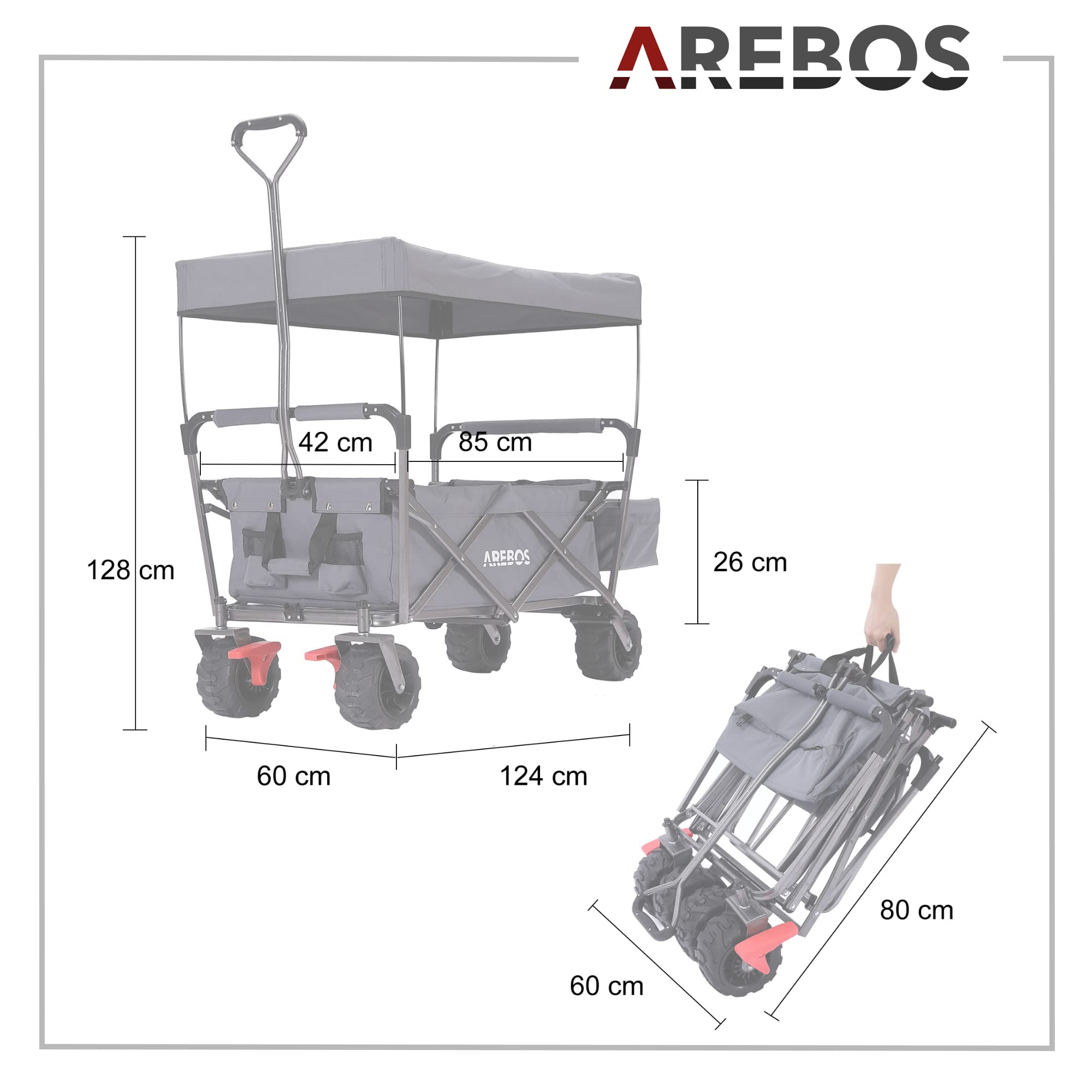 Arebos Carro de Mano con Techo | Carro Plegable | Carretilla Jardin | Carro Playa | 2X Bolsillos de Malla y 1x Bolsillo Exterior | Neumáticos de Goma Maciza | 100 kg | Gris