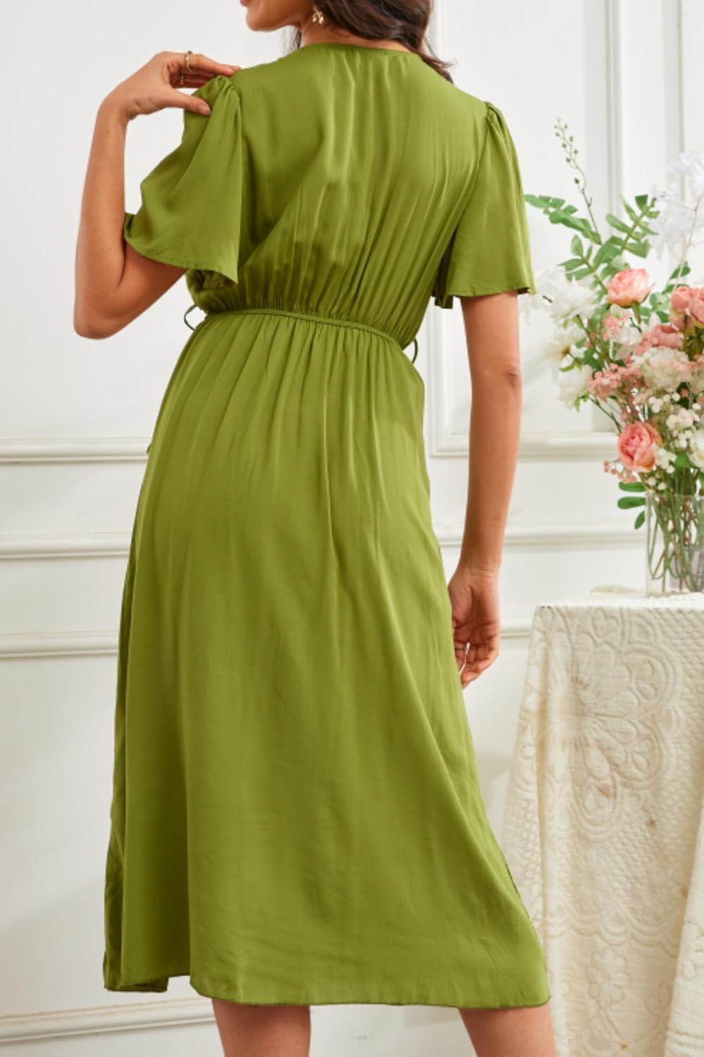 Women's Short Sleeve Summer Boho Pleated Rayon Mid Dresses with Pockets for Wedding Guest - Image 6