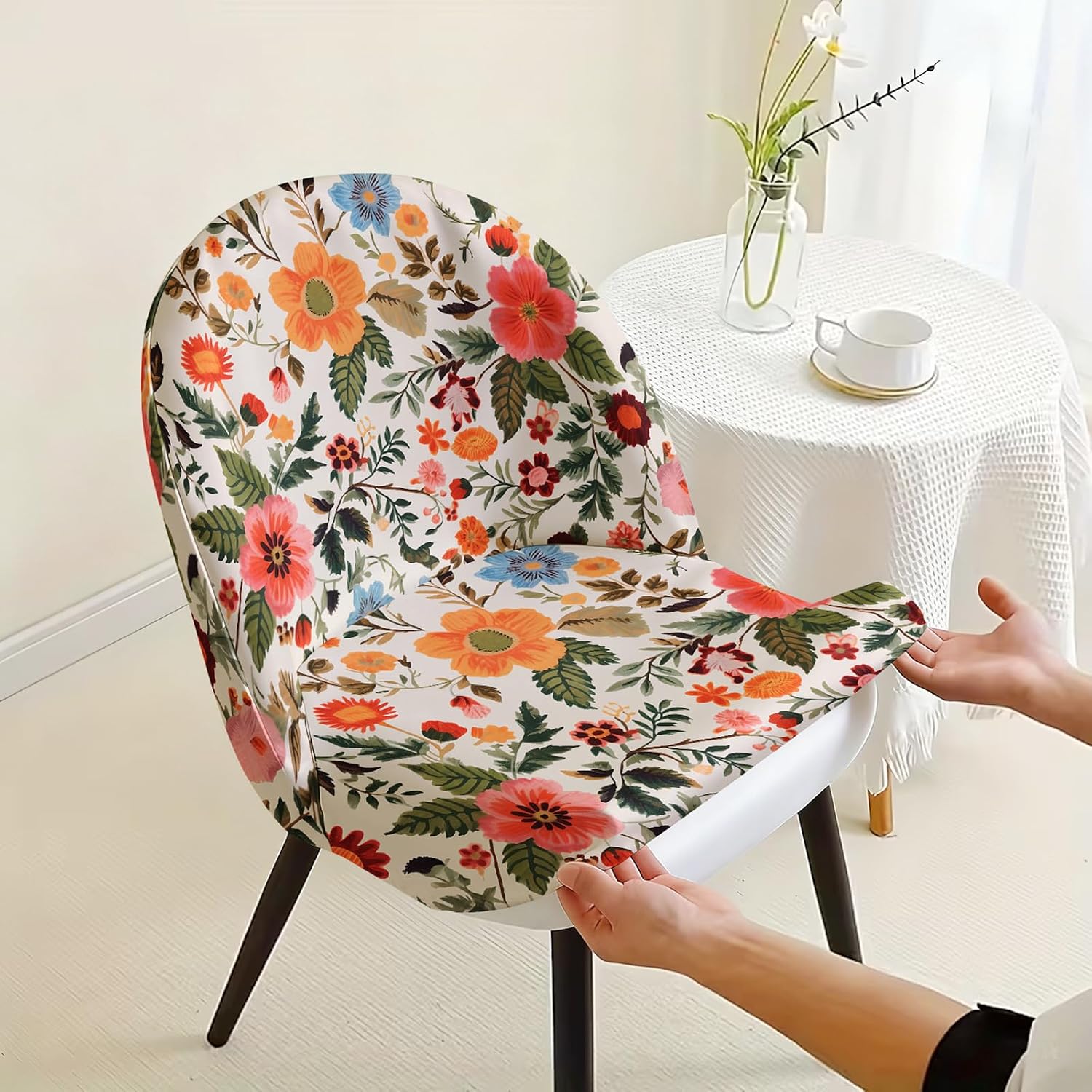 Vintage Floral Chair Slipcover, Stretch Spandex Shell Dining Chair Cover, Removable Washable Protector for Mid-Century Modern Side Chairs, Kitchen & Living Room Decor