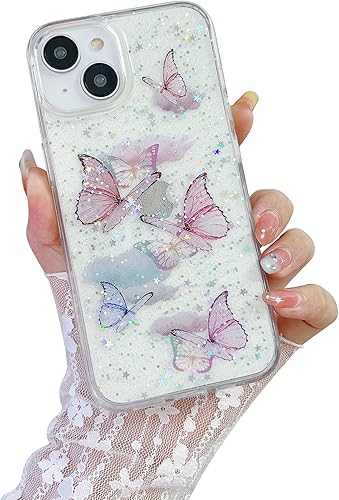 MUNDULEA Funda compatible con iPhone 15 transparente con diseño de mariposas para mujeres y niñas, flexible, TPU con estrellas, brillantina,