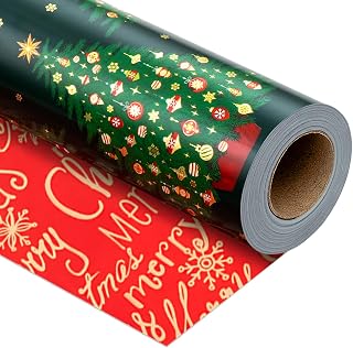 Yarcony Reversible Christmas Wrapping Paper, Green Wrapping Paper, Metallic Foil Luxury Deep Green Christmas Tree Design Decorative Gift Packaging for Holiday, New Year (Mini Roll, 17 Inch X 33 Feet)