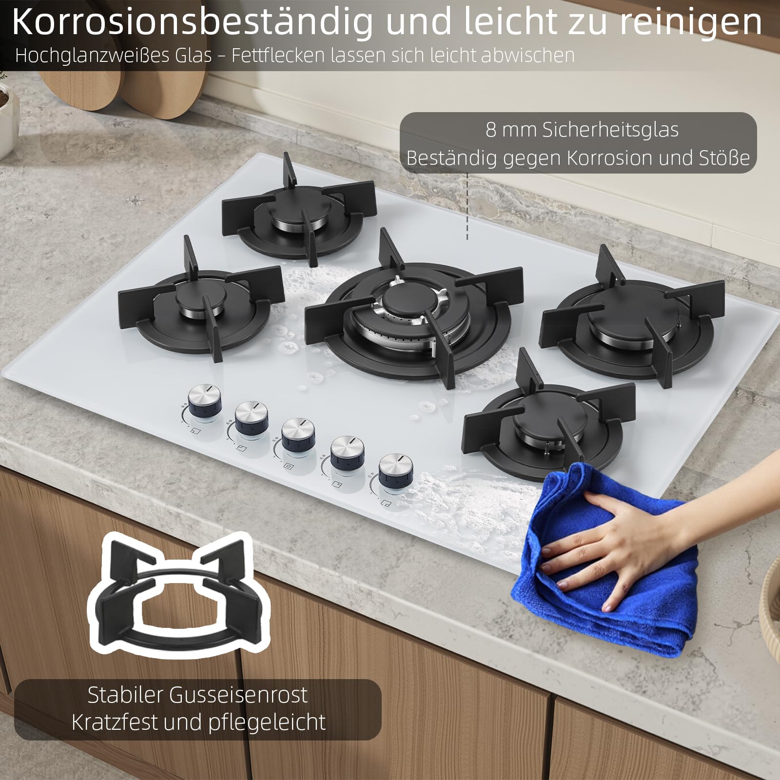 SNDOAS Kuchenka gazowa, 5 żarówek, biała, szklana płyta gazowa do zabudowy 70 cm | 5-palnikowa płyta kuchenna z automatyczną ochroną przed płomieniem, gaz ziemny i propan, 10400 W, 220-240 V