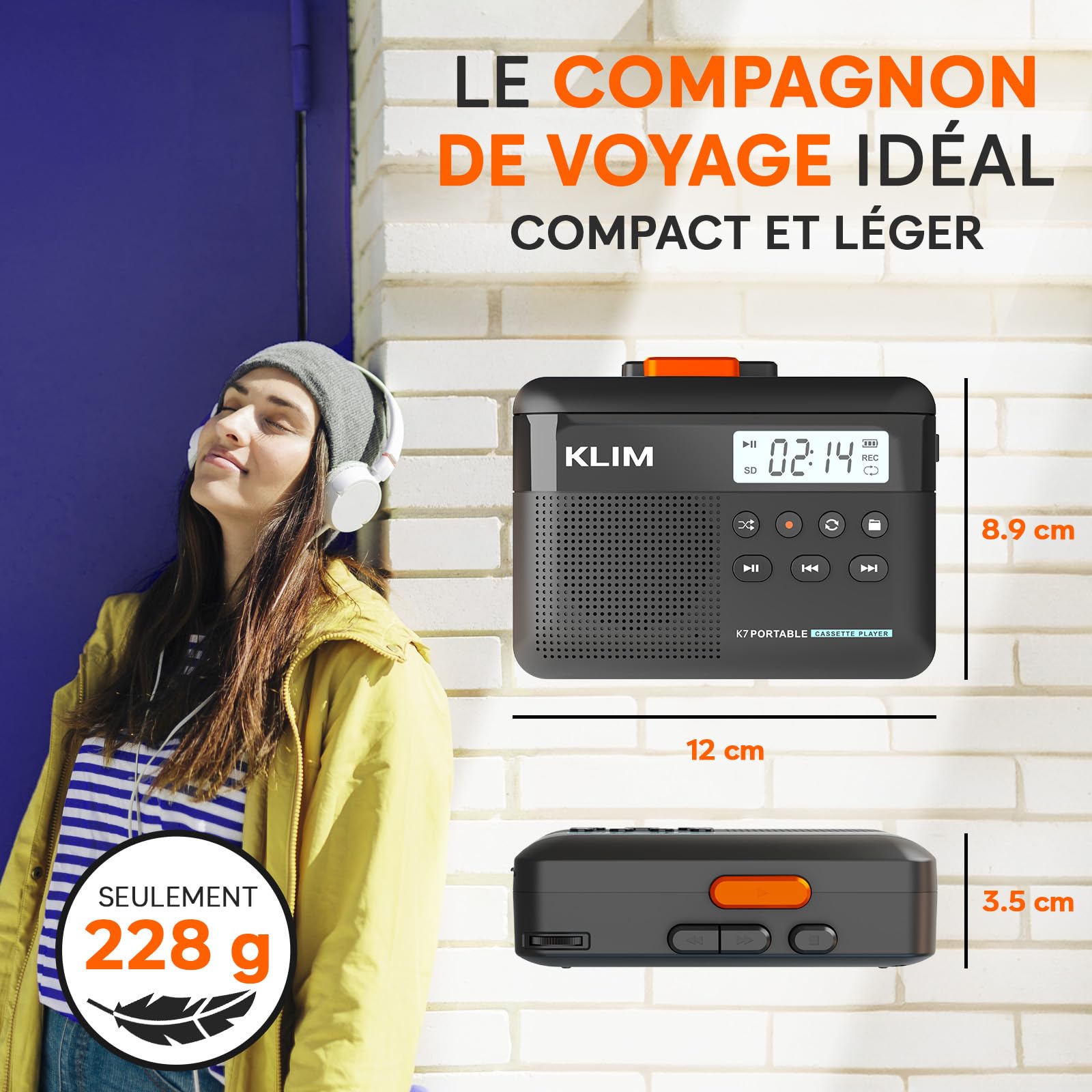 Cassette Player KLIM K7 - Lecteur Cassette Audio - Convertisseur Audio en MP3 - Microphone et Haut-Parleur intégrés - Batterie Rechargeable - Ecouteurs - Carte SD 16GB - Noir-Orange