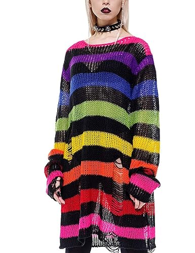 Peaceglad Womens Oversized Goth Punk Ripped Striped Long Sleeve Pullover Sweater Dress Tops - One Size - Colorful