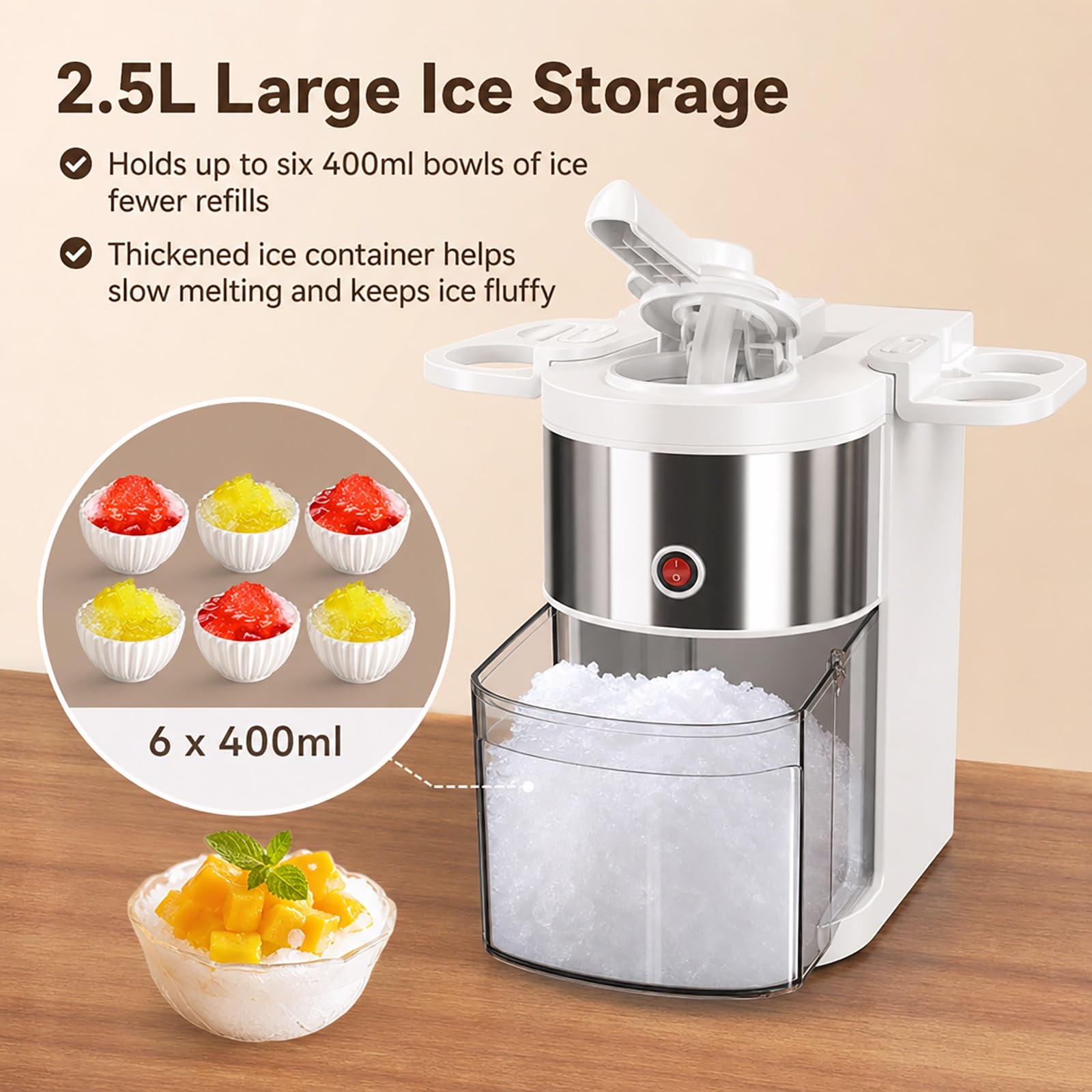 Tritaghiaccio Elettrico 200W, 80kg/h, 2,5l per Granite e Bevande ghiacciate | Doppia lama in acciaio inox, macchina per tritare granite, ingresso 7 cm, capacità 2,5 l, 80 kg/h, per preparare frullati