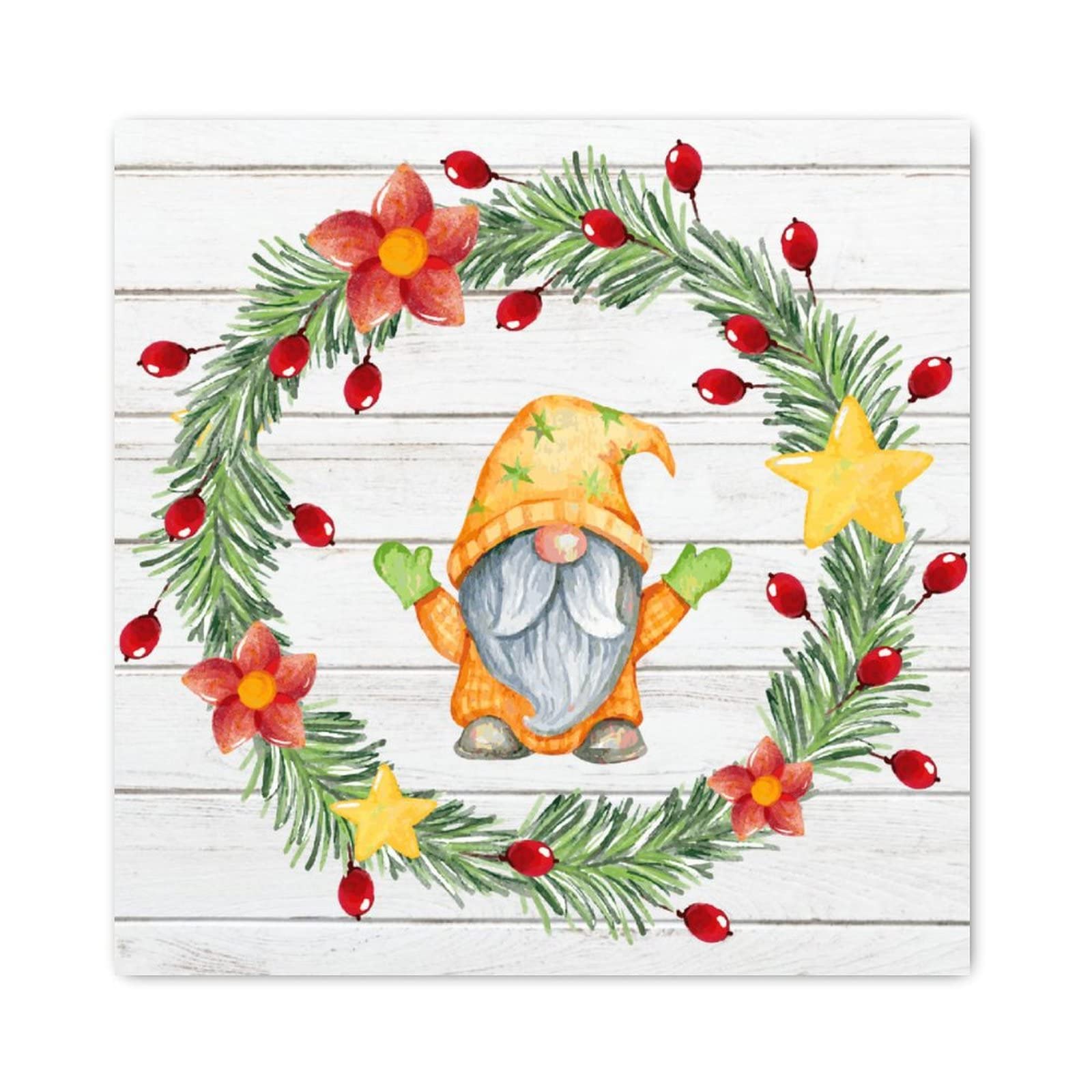 Panneau mural de Noël en bois rustique avec nain et fleur pour déco de maison 30x30 cm