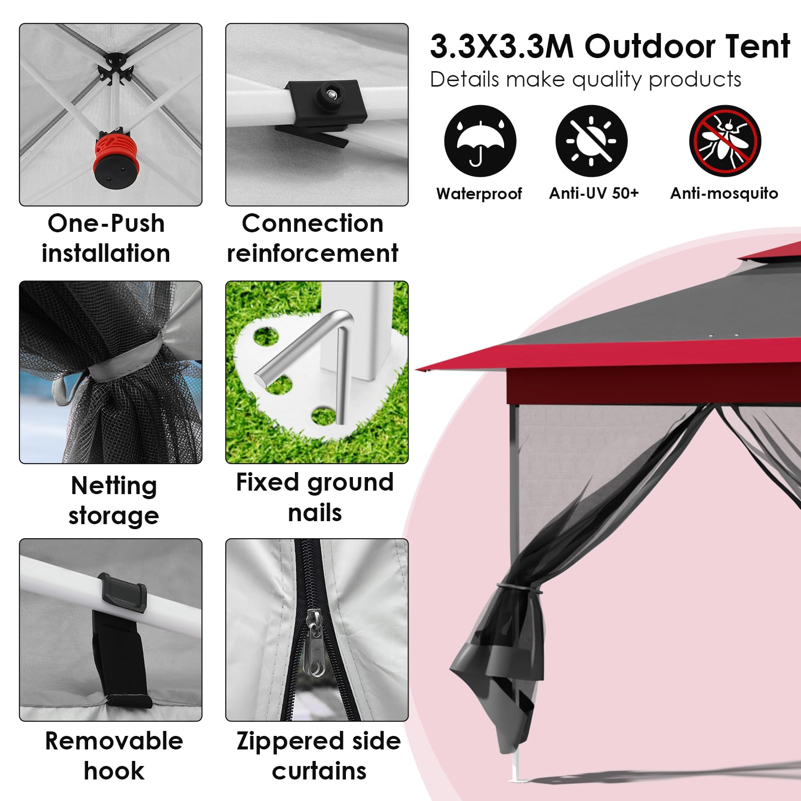 Gazebo pieghevole 3,3x3,3 m, con 4 pannelli laterali in zanzariera, One Push tenda con doppio tetto, Gazebo impermeabile da giardino 4 PCS sacchi di sabbia, per mercato/campeggio, Rosso Grigio