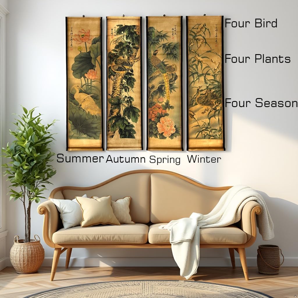 CIFIBIFUN Wall Asia Art Prints Posters Painting Plant Flower Vintage Style,4 Panels Old Paper Scroll, Home Walls Decor (Super Old Aging Paper, B Plants Birds)