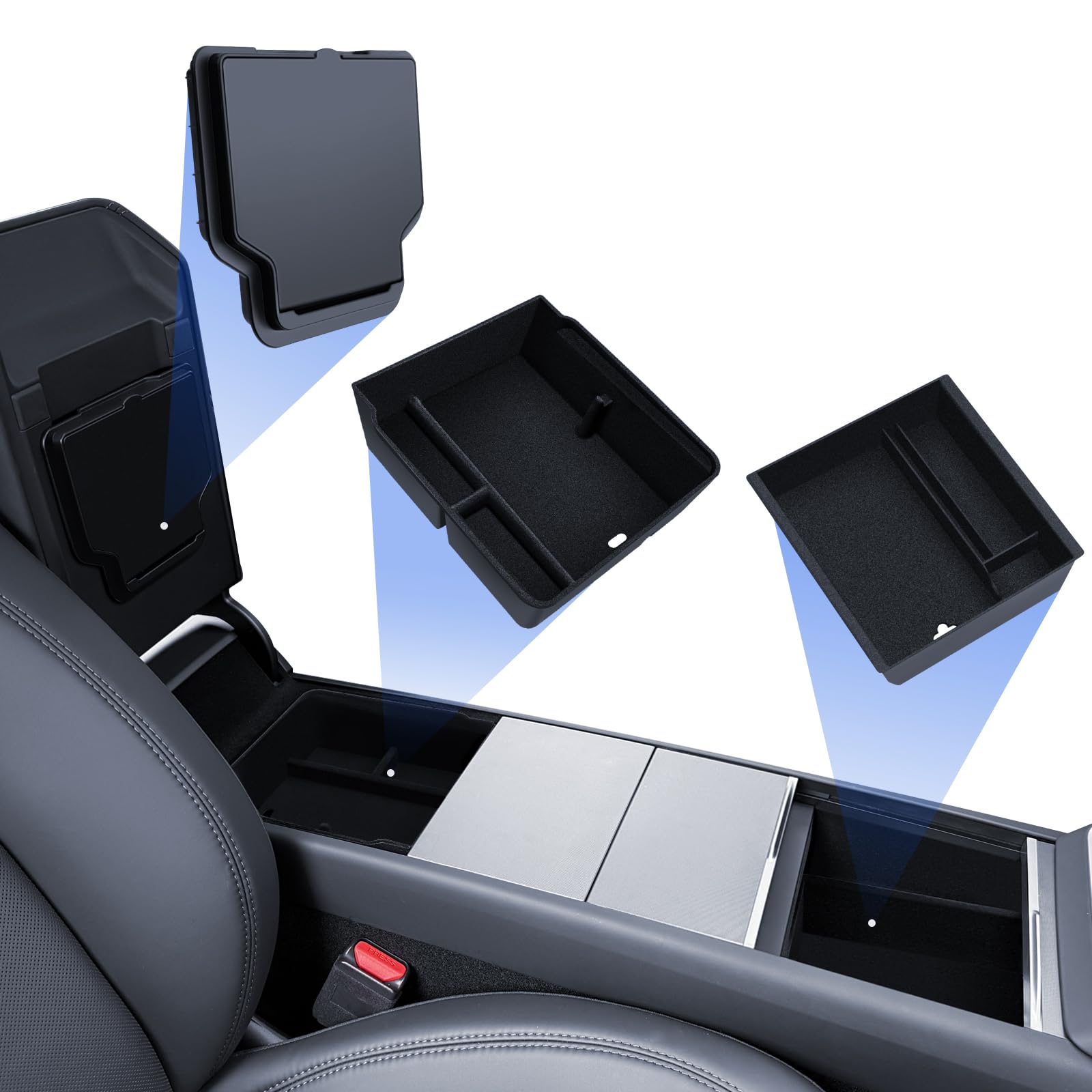 LANTU 3 Pcs Zubehör für Tesla Model Y 2025-2026 Juniper Mittelkonsole Organizer, Armlehne Aufbewahrungsbox und Versteckte Box (Beflockung)