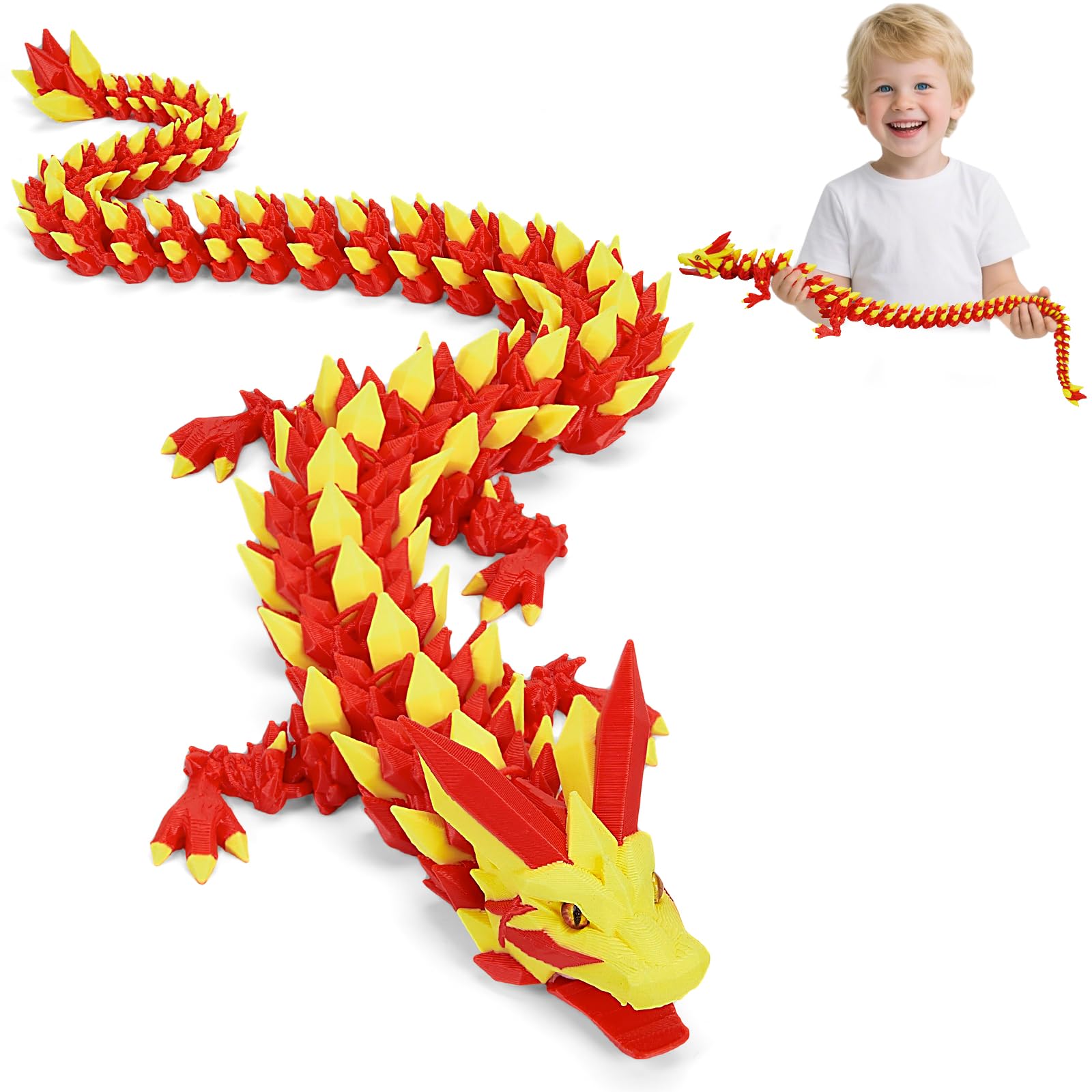 3D Printed Dragon Toys with Eyes, Bendable and Flexible Big Fidget, 24 inches Dazzling Gradient Crystal Wyrm, Articulated Gem Serpent Figure for Home Decor (Mystical Red-Yellow Dragon)