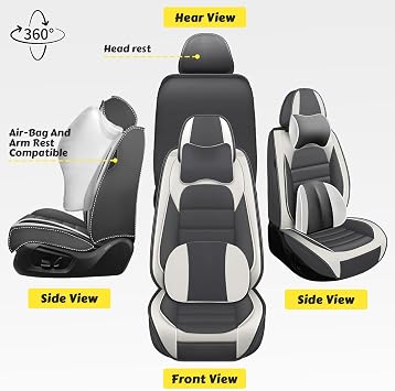 ILMO Truck Seat Covers Fit for 2007-2026 Chevy Silverado 1500, Durable Leather Seat Covers, Compatible Airbag&Wear-Resistant Seats Cover(Gray&White, Luxury Front Set)