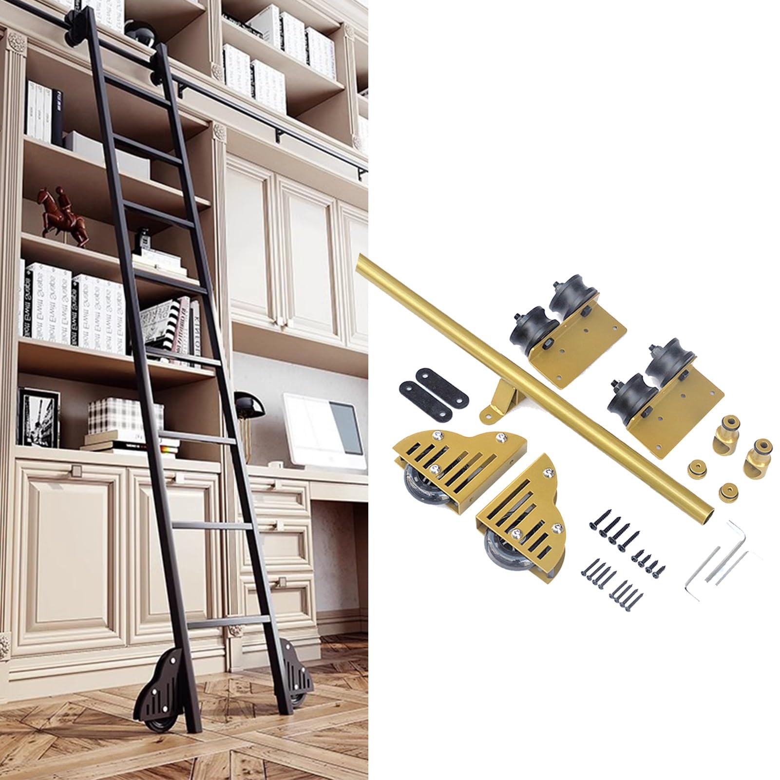 Kit quincaillerie échelle bibliothèque coulissante dorée avec rail de 60cm et roulettes au sol
