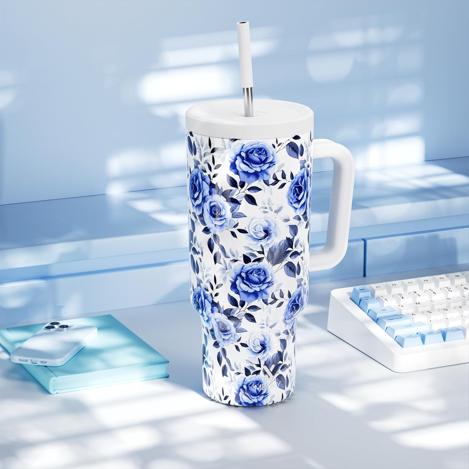 Meoky 40 oz Tumbler with Handle and Straw: Stainless Steel Insulated Tumbler with Lid and Straw - 100% Leak Proof Tumbler for Car Cup Holders - Travelers Commuters Workers, Blue Rose - Image 7