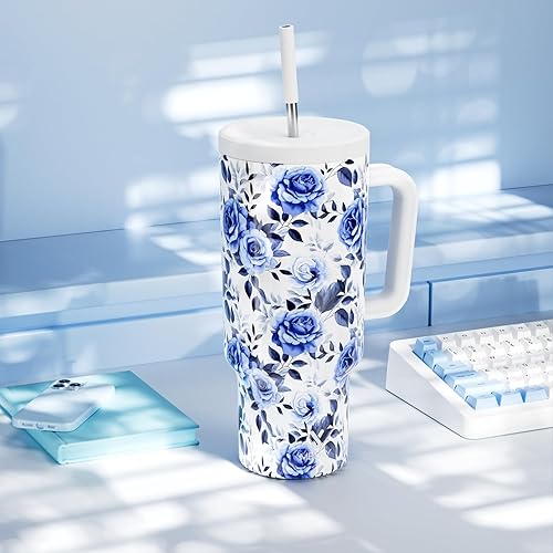 Miniatura 7 de Meoky - Vaso de 40 onzas con asa y pajilla Vaso aislado de acero inoxidable con tapa y pajilla, vaso 100% a prueba de fugas para portavasos de