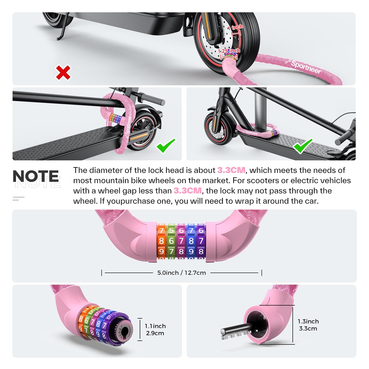 Sportneer Blokada rowerowa, zabezpieczenie łańcucha rowerowego, 5-cyfrowe, resetowalne, szyfrowe, antykradzieżowe, 7 mm x 975 mm