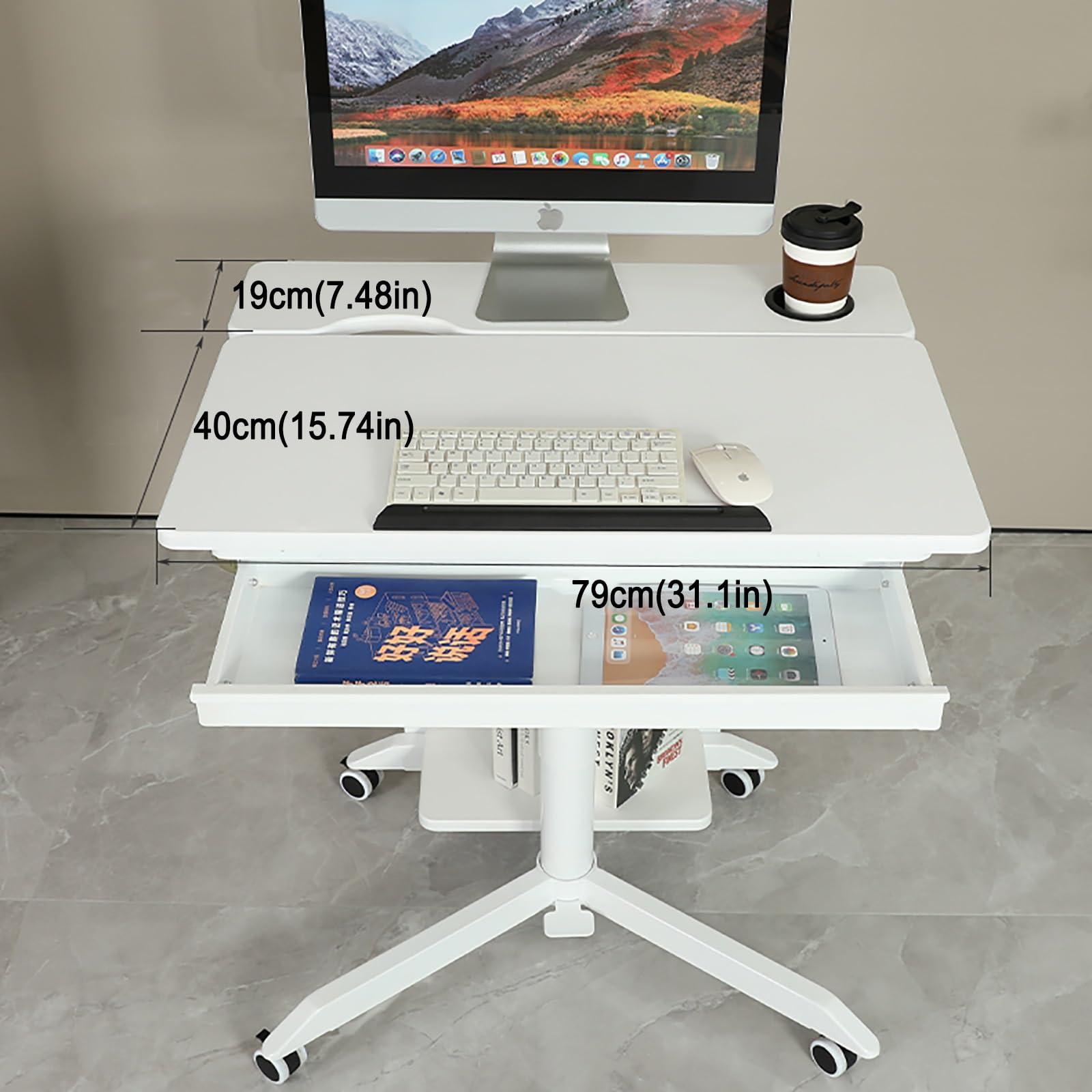 Mobilne biurko do siedzenia i stania 42" z dzieloną półką - wózek na laptopa z kółkami pneumatycznymi i hamulcami, biurkiem, stołem konferencyjnym (brązowy)