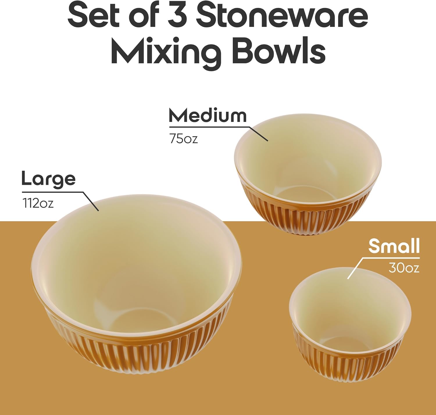 Omniware Simsbury Mixing Bowls, Set of 3 - Nesting Stoneware Bowls for Baking & Cooking - 30 oz, 75 oz, 112 oz - Dishwasher Safe, Durable Kitchen Essentials for Everyday Use (Honey)