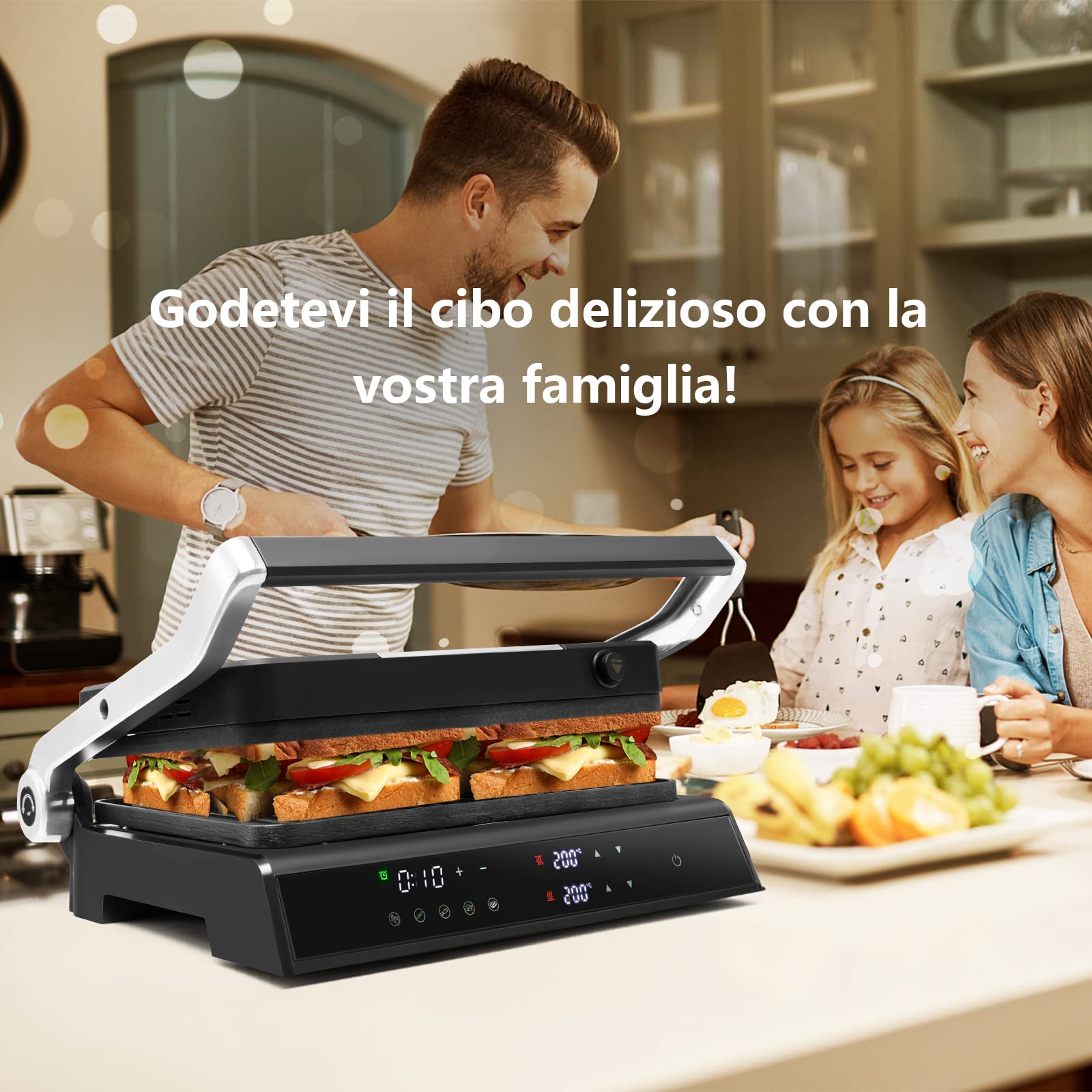 RELAX4LIFE Piastra Elettrica 2000W, Bistecchiera Elettrica con Piastre Antiaderenti e Rimovibili, 5 Modalità Automatiche, Cottura Bifacciali 90° a 230°, Timer 0-4 H, per Panini e BBQ