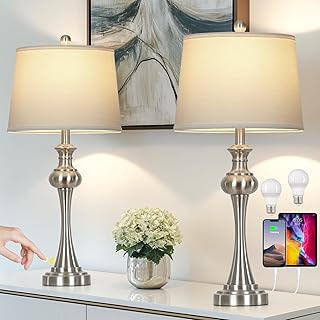 28.75"Silver Table Lamps Set of 2, 3 Way Touch Control Living Room Lamps with USB A+C Ports & Outlets , Modern Bedside Lamps, Elegant Metal Nightstand Lamps for Bedroom Office End Table Decoration