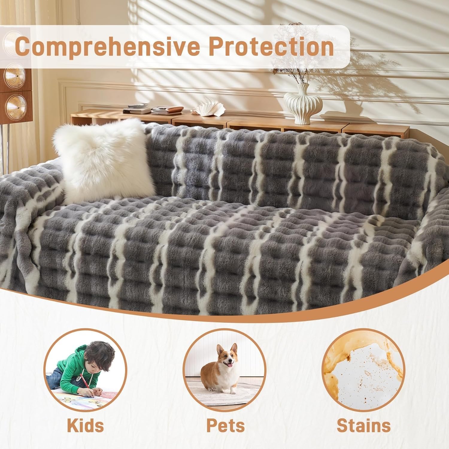Sofabezug Dicker Warmer Plüsch mit 3D-Blasen-Design flauschig gemütlich Überwurf für Couch, Stuhl, Sofa, Bett Weiche waschbare Sofaabdeckung als Hundedecke und Sofaschutz(Coffee-Milk,70.9x102in)