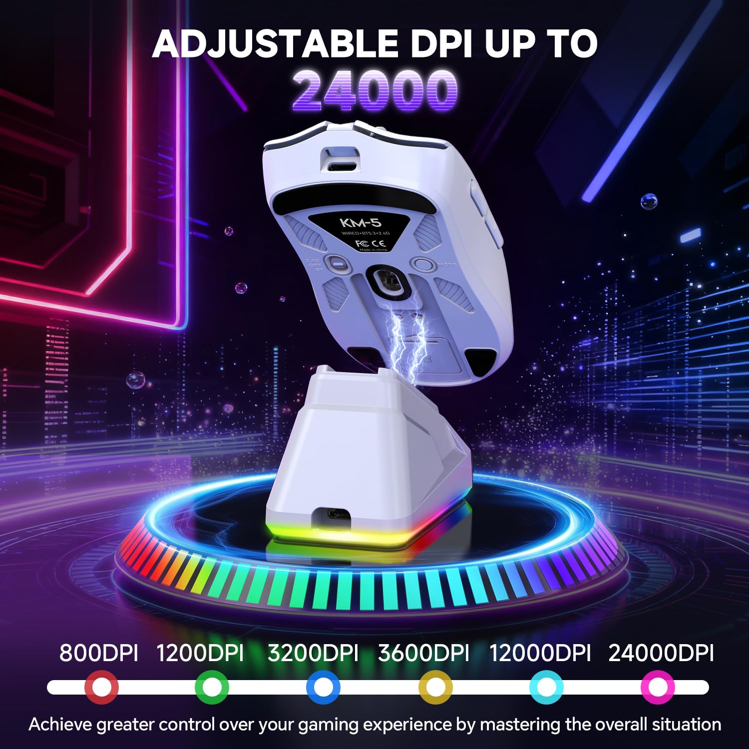 YPBDAN Ratón inalámbrico para juegos de 24000 DPI con base de carga RGB | Tri-Mode 2.4GHz/USB-C/Bluetooth, batería de 60H, ergonómico y ligero, recargable para PC, Mac, portátil