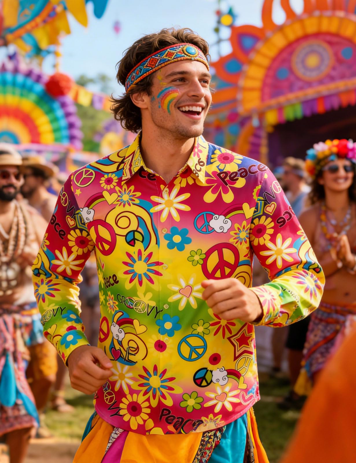 Camisa de años 70 60 Hippie para Hombre Manga Larga Flores Shirts