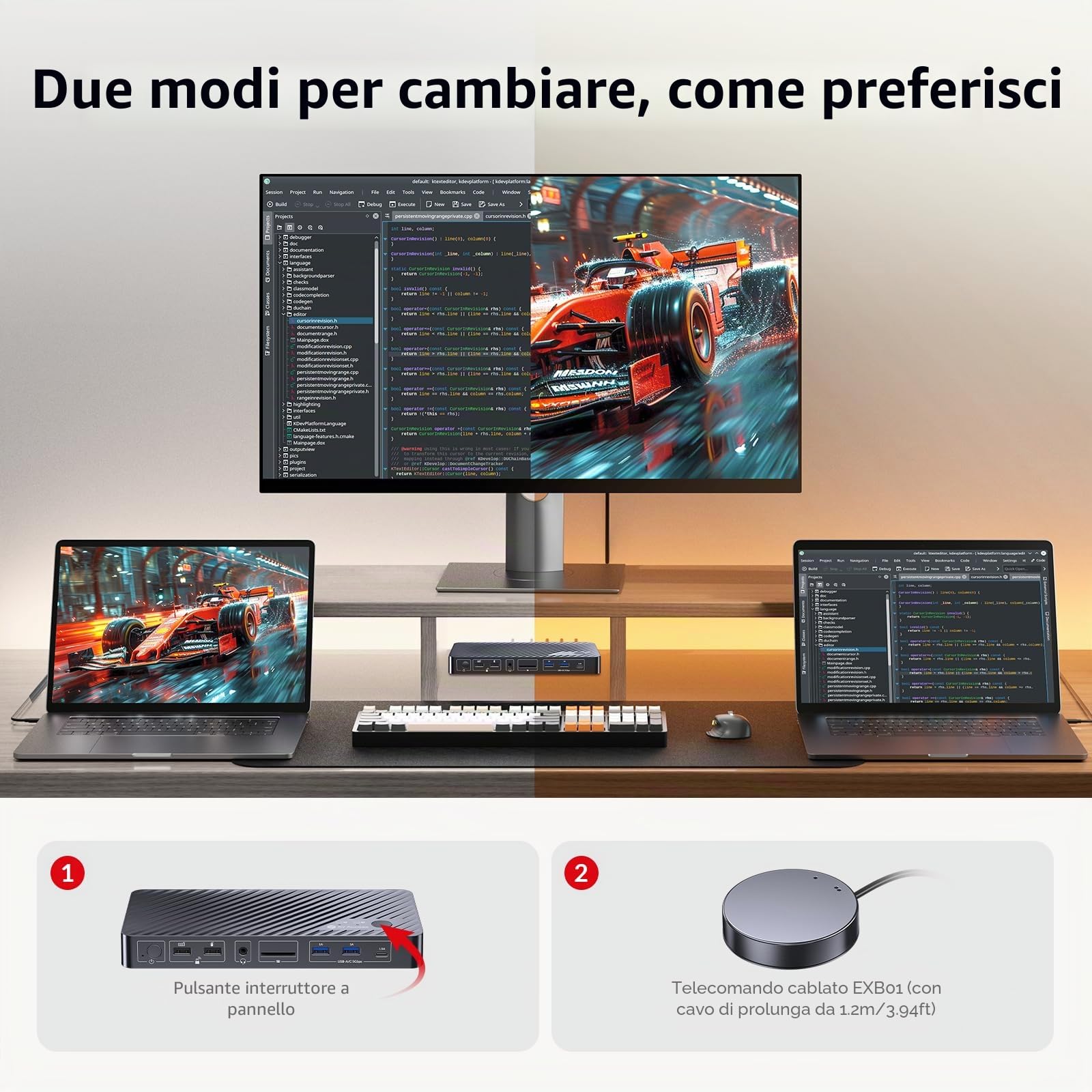 AV Access Docking Station KVM Switch per 2 Monitor e 2 Laptop, Switch KVM Dual Monitor 4K, 100W PD per PC, Ethernet 1G, Emulazione EDID, Ideale per Ufficio e Gaming