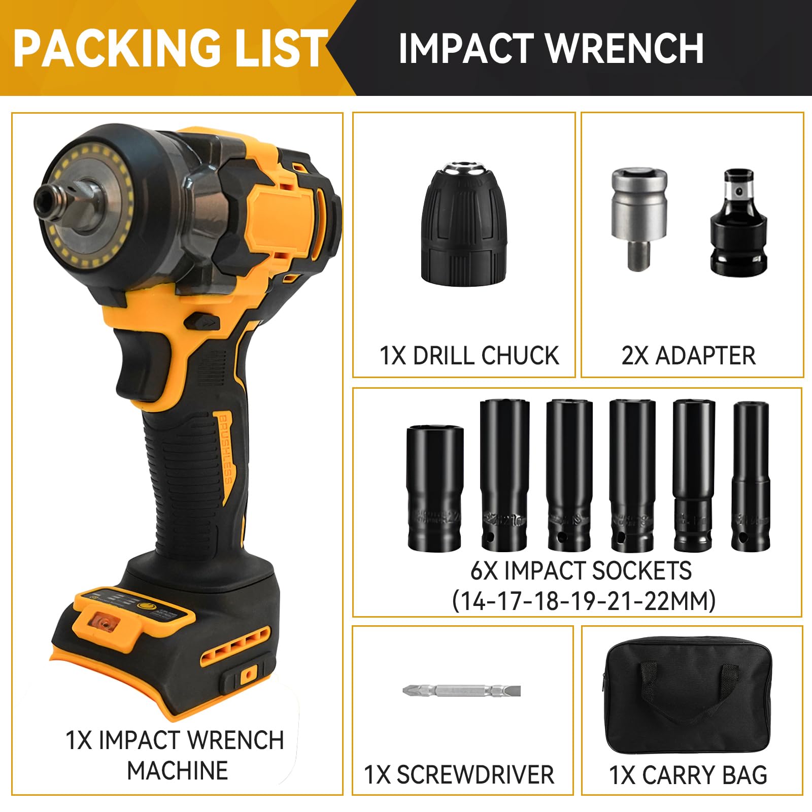 Bezprzewodowy klucz udarowy do akumulatora Dewalt 18 V 20 V Max, 700 Nm 1/5.1 cm bezszczotkowy pistolet udarowy, elektryczny sterownik udarowy, regulacja 3 prędkości z 6 gniazdami do mebli