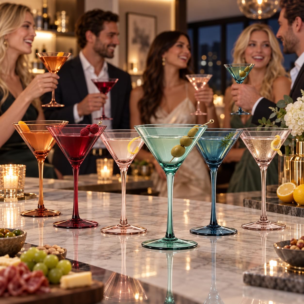 Lot de 6 verres à martini et à cocktail en cristal coloré - Cadeau pour elle, épouse, maman, amie - Grands verres de 283,5 g - Style italien unique - Verrerie colorée - Pastel
