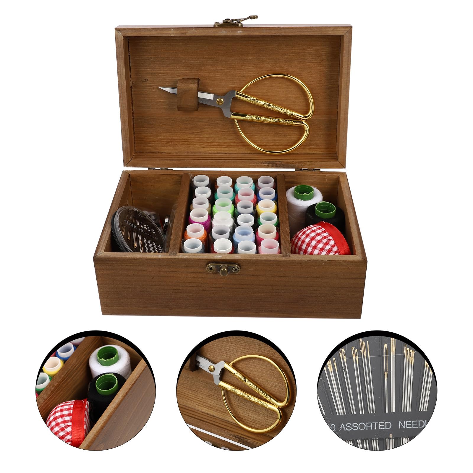 YARNOW Juego de Herramientas de Costura Portátil Hogar Kit de Agujas y Accesorios en Caja de Madera Marrón, Material Acero Inoxidable y Algodón