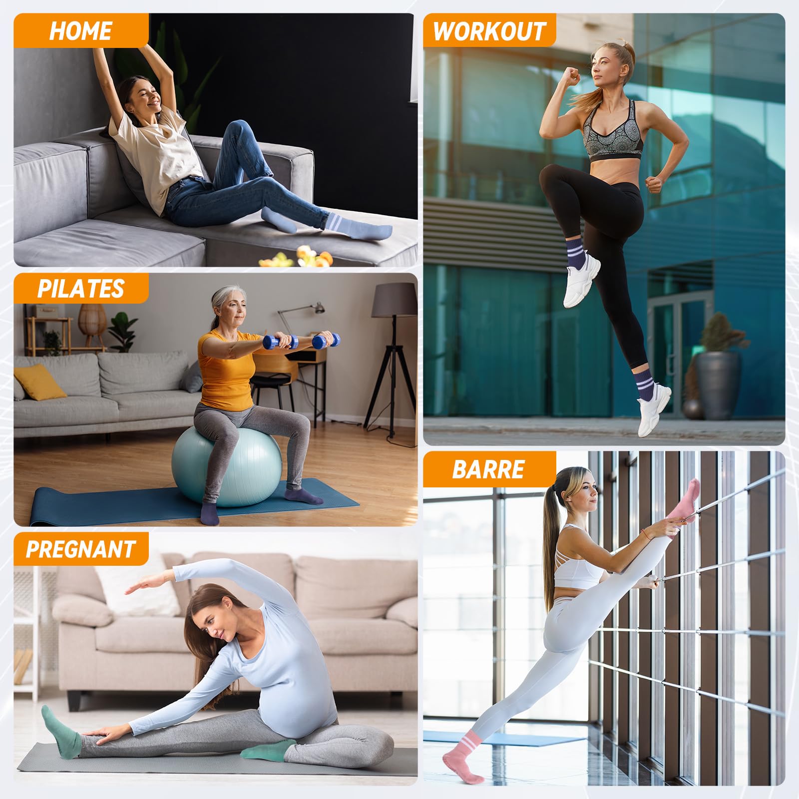 Jspupifip 24 pares de calcetines largos de pilates para mujer con agarres, calcetines de yoga antideslizantes a granel para el hogar, hospital, calcetines para yoga, pilates, entrenamiento de barra,
