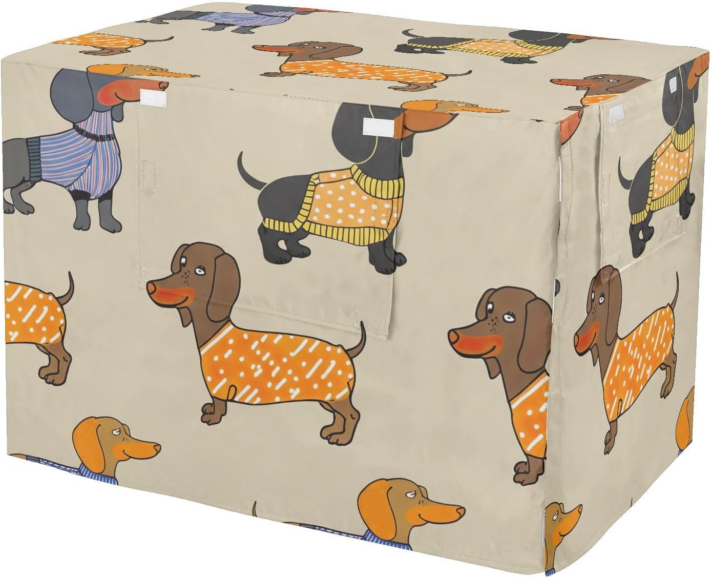 Adorable Dachshunds Beige Dog Crate Covers UV-Resistant, S-XL Washable Cage Cover for Puppies Training, Large