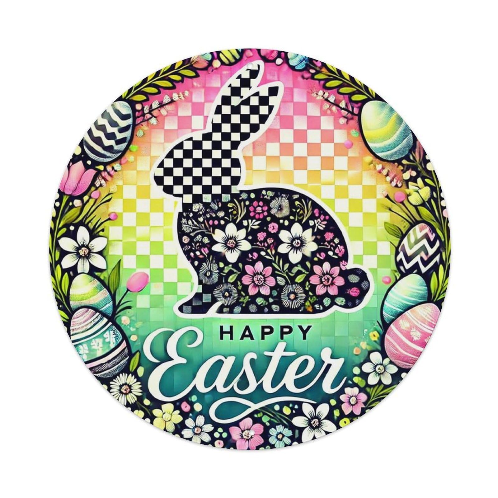 Floral Bunny Checkered Eggs Pattern Vintage Round Tin Sign Retro Metal Wall Decor Metal Poster, Home Bar Garage Cafe Wall Art Decoration 8x8Inches