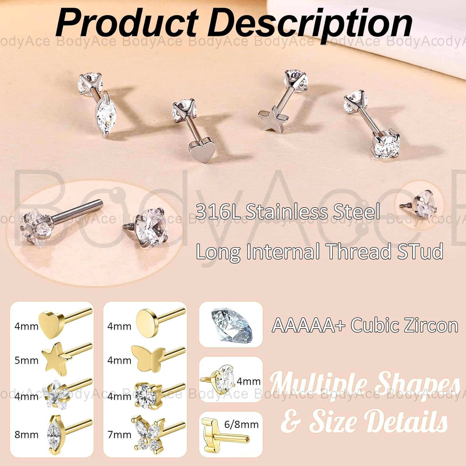 BodyAce 18g Reversible Earrings Studs Long Internal Thread Cartilage Earring Helix Stud Surgical Steel Conch Tragus Piercing Jewelry for Women Men