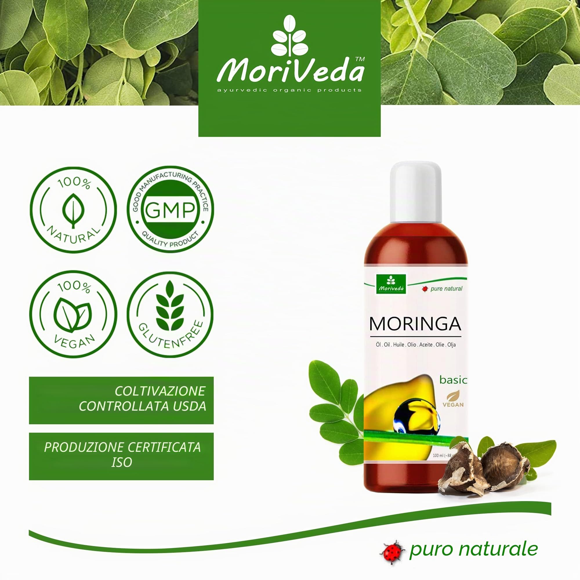 Olio di Moringa Basic 300ml - spremuto a freddo da semi e baccelli di oleifera - cura della pelle cura dei capelli cura delle ferite anti-invecchiamento - olio commestibile - olio di behen da MoriVeda