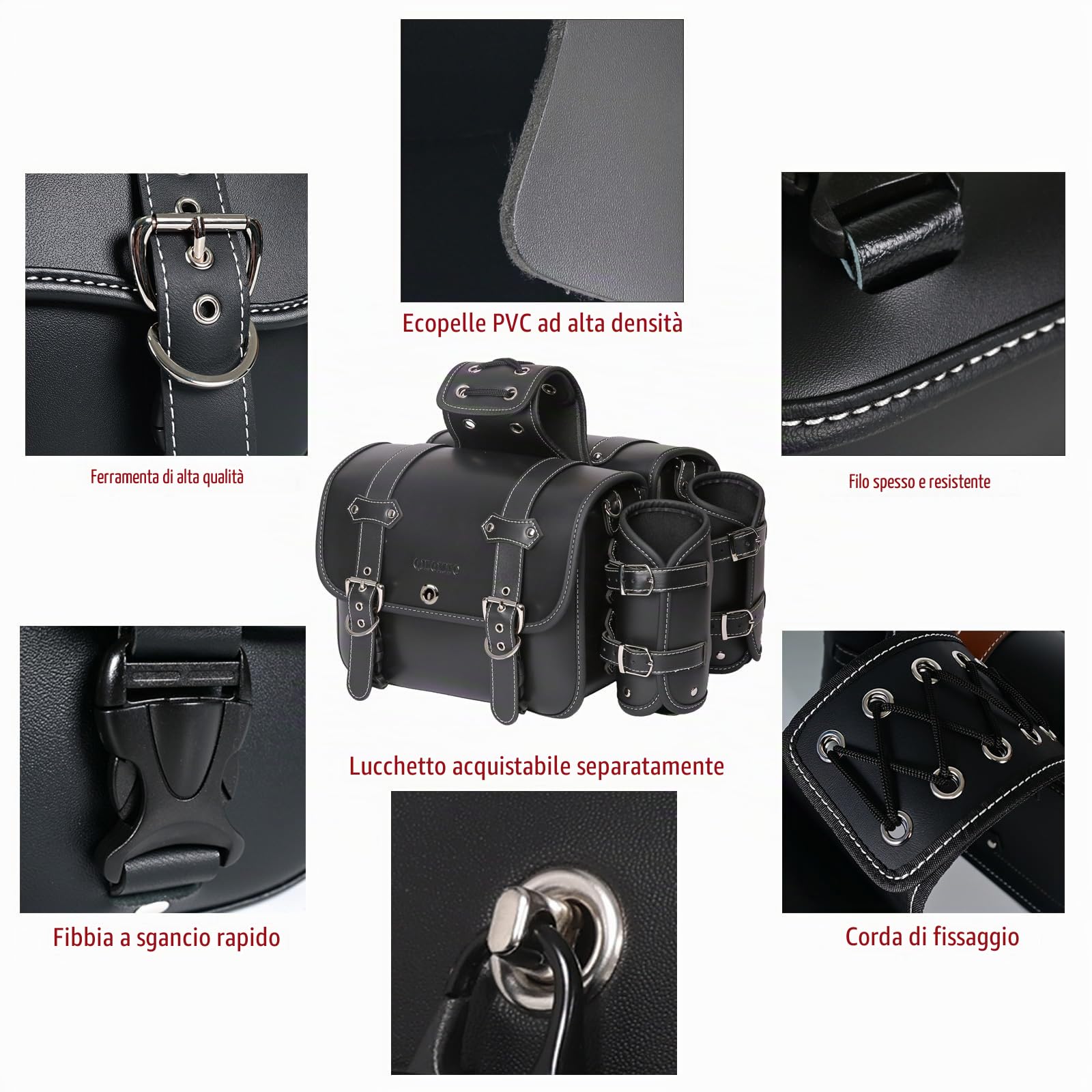 Saddebags da moto in pelle ad alta densità, borse laterali con portabicchieri, impermeabile, borsa porta attrezzi laterale, borsa per attrezzi per moto, universale, 1 paio, nero (Nero1)