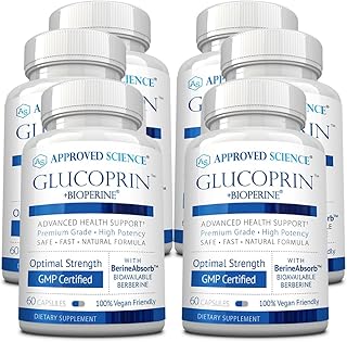 Glucoprin - 250 mg Berberine, Mulberry, Cinnamon, BioPerine, Non GMO- Made in The US - 60 Vegan Capsules - Pack of 6