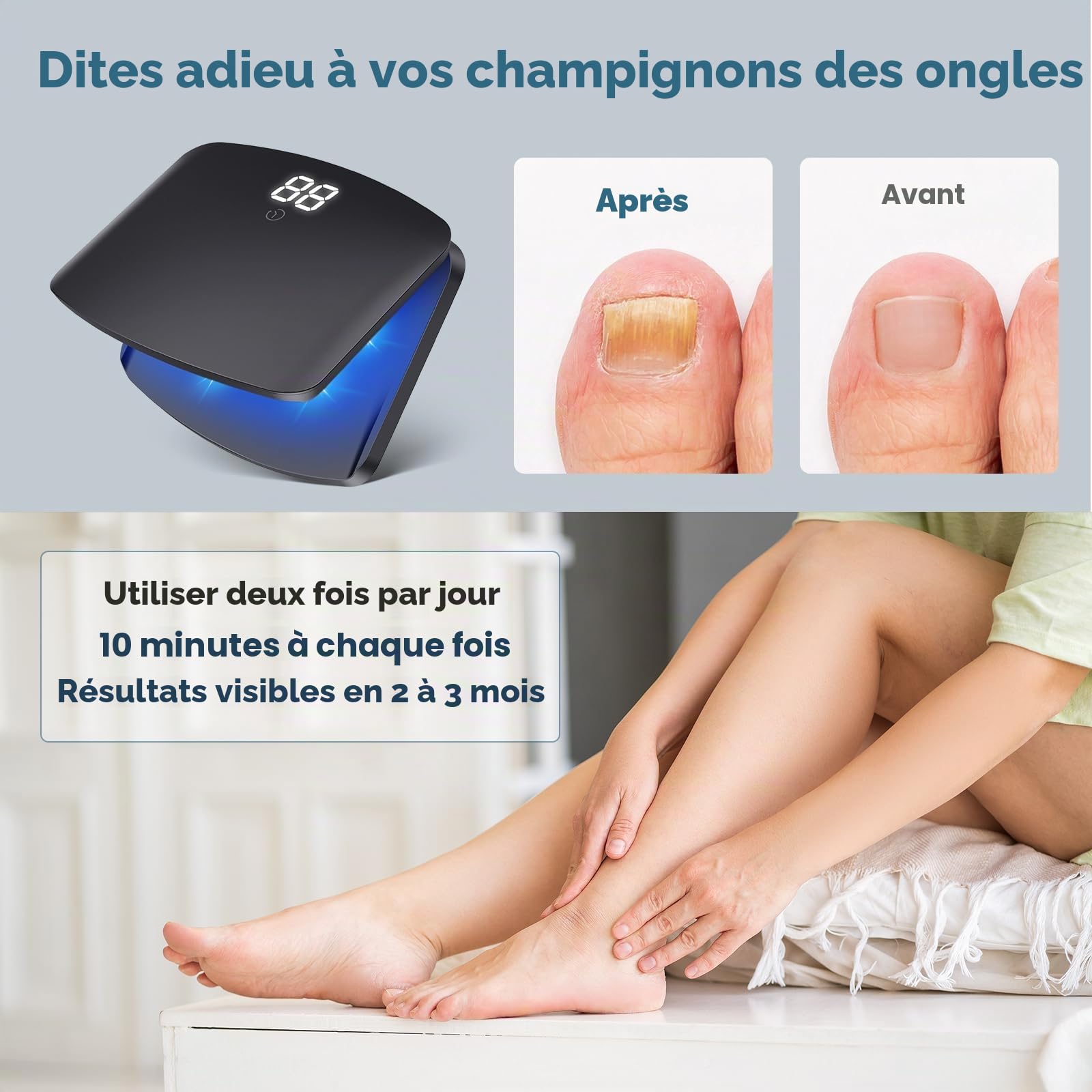 Appareil mycose ongle pied laser – dispositif traitement mycose ongles, 15 LED (11 lumière bleue + 4 infrarouge invisible), écran tactile minuterie 5/10/15/20 min, rechargeable USB-C-Noir