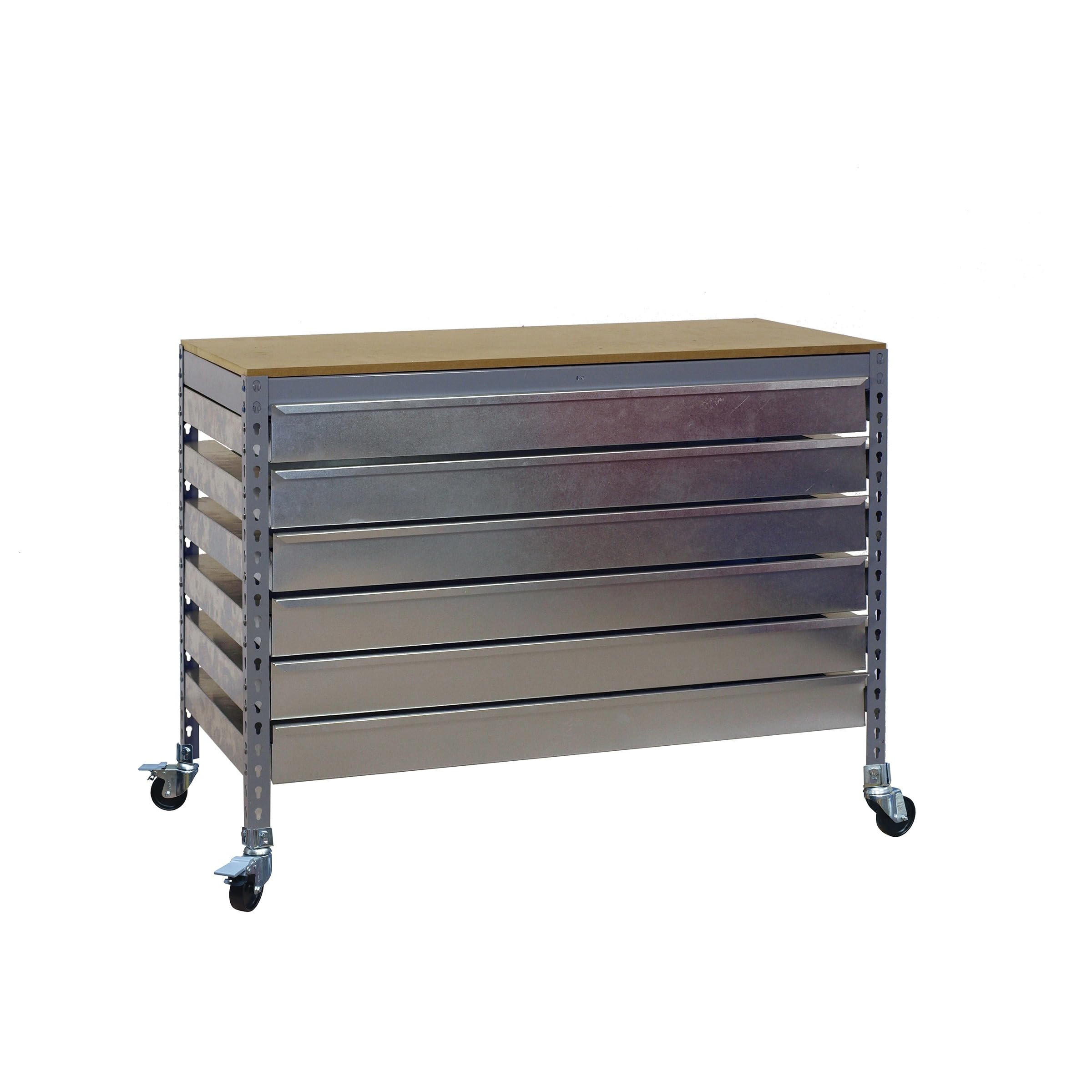 Simon Rack Banco de Trabajo Taller con Ruedas 910x610 mm - BT5 | 6 Cajones, Tablero madera 16 mm, Capacidad Carga 120 kg, Gris , Pintura anticorrosión, Montaje sistema clic