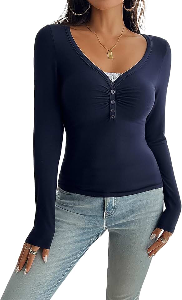Damen Langarmshirt V-Ausschnitt Langarm Tops Henley T-Shirts Slim Fit Longsleeve Y2K Shirts Basic Ob