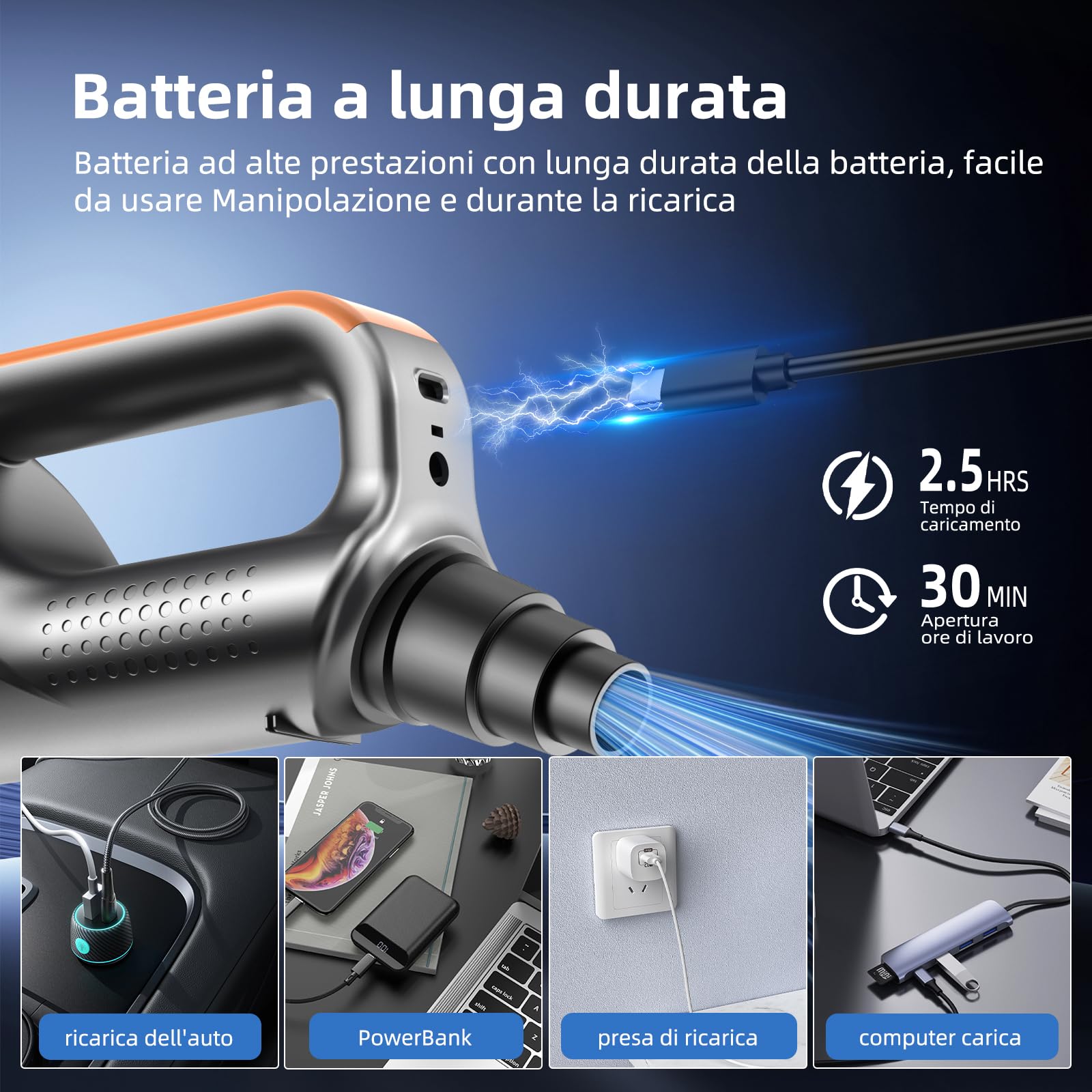 Aspirapolvere Senza Fili, 26000Pa 4-in-1 Aspirapolvere Auto Potente, Scarico Polvere One-touch, Motore Brushless, display HD e Illuminazione, Aspirapolvere Portatile per Casa/Ufficio/Auto, Arancione