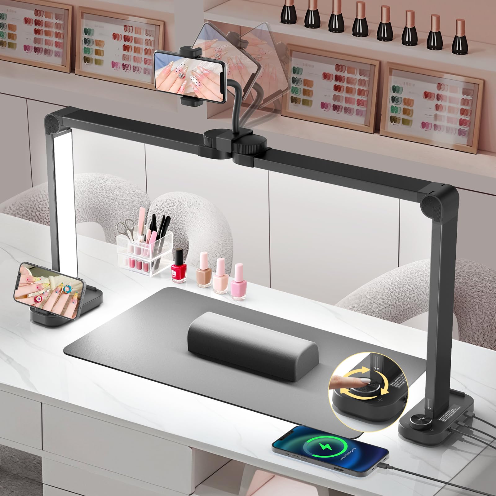 Adonafy Half Moon Light for Nail Desk: 34" Arch Nail Desk Lamp with Phone Holder for Beginner - 3 Color Modes & 10 Brightness Adjustable - Foldable Half Moon Desk Lamp for Salon Manicure (Black)