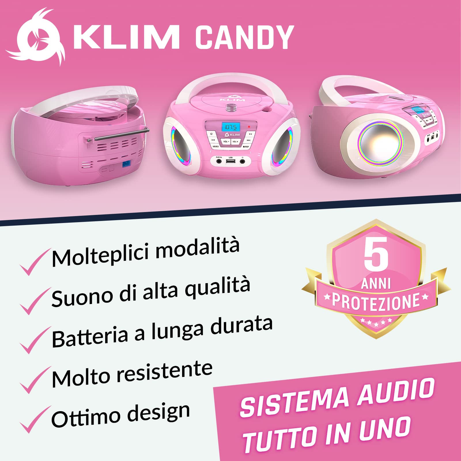 KLIM Candy BAMBINI Stereo per bambini NUOVO - Radio FM - Batterie incluse - Lettore CD Rosa con altoparlanti e Radio - Regalo Perfetto per Bambini e Bambine