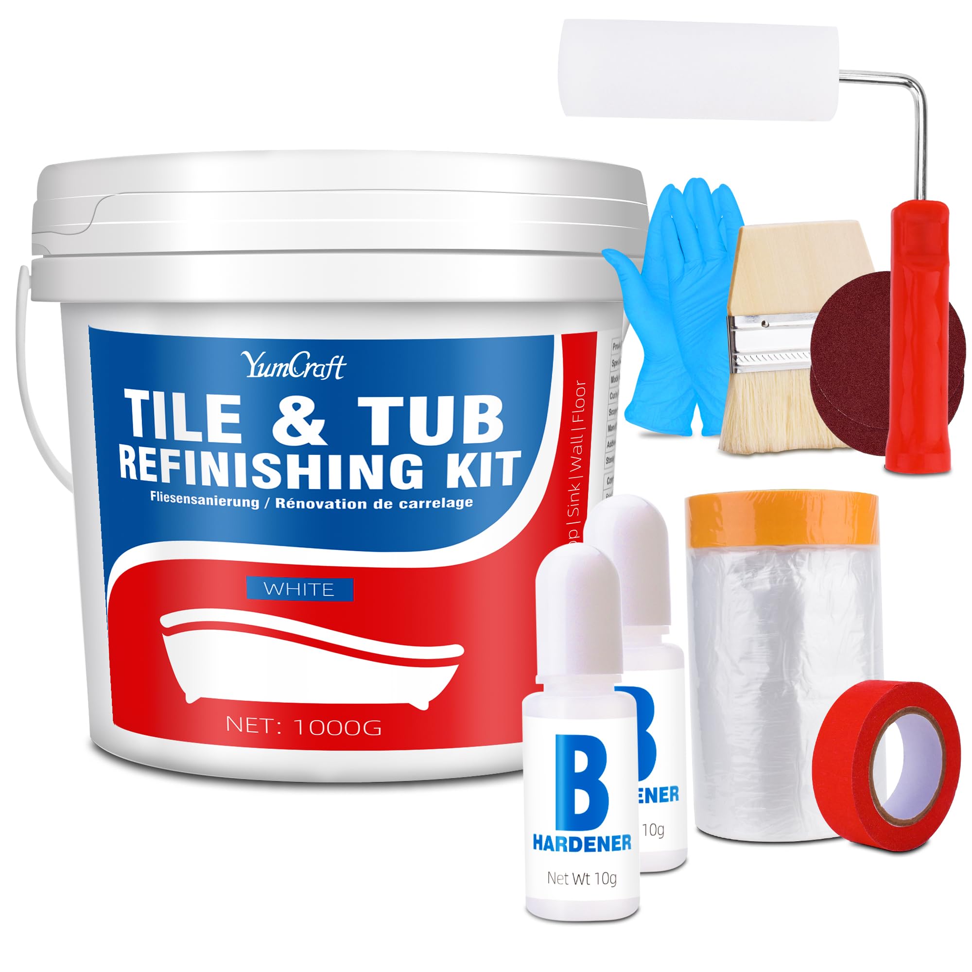 YumCraft White Tile Paint, 1000g Tub and Tile Refinishing Kit with Tools and Hardener - Bath Paint Enamel for Bathroom, Countertop, Wash Basin, Kitchen, Porcelain, Floor, Easy to Use, 55-60sq.ft